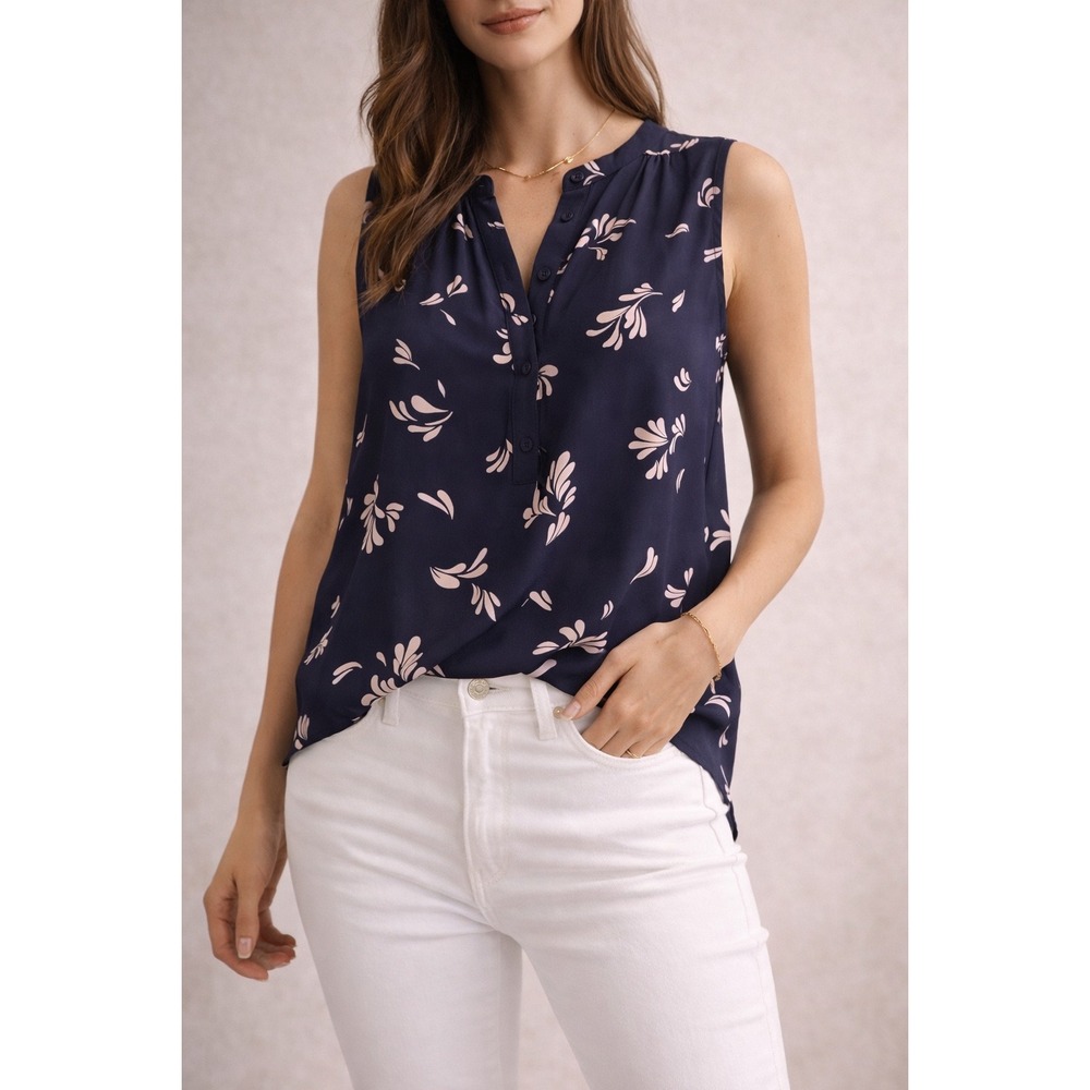 Ann Taylor Navy Pink Floral Sleeveless Blouse Mandarin Collar XS Navy Blue Top